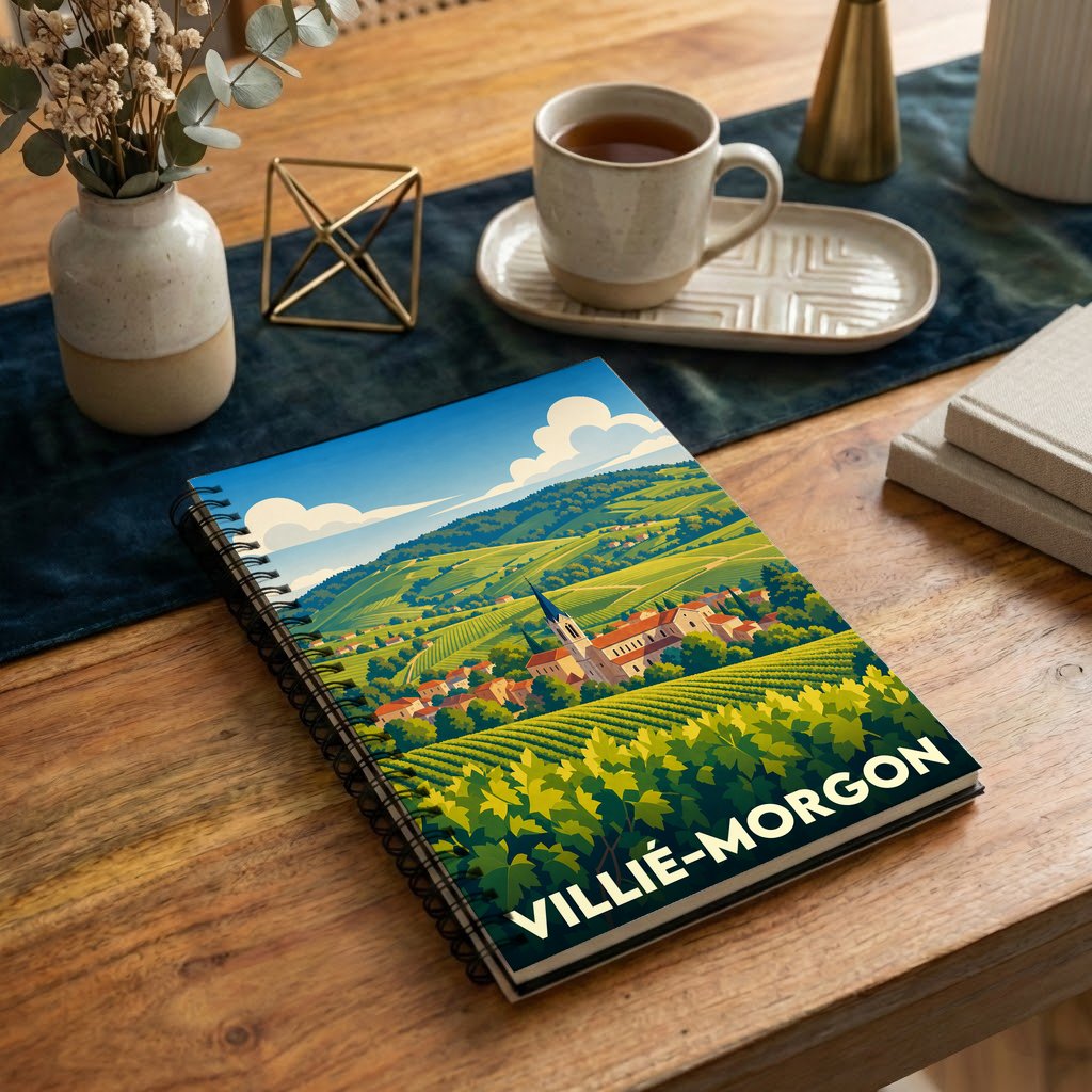 Carnet à spirale souvenir de la ville de Villié-Morgon avec une illustration stylisée de ses vignobles.