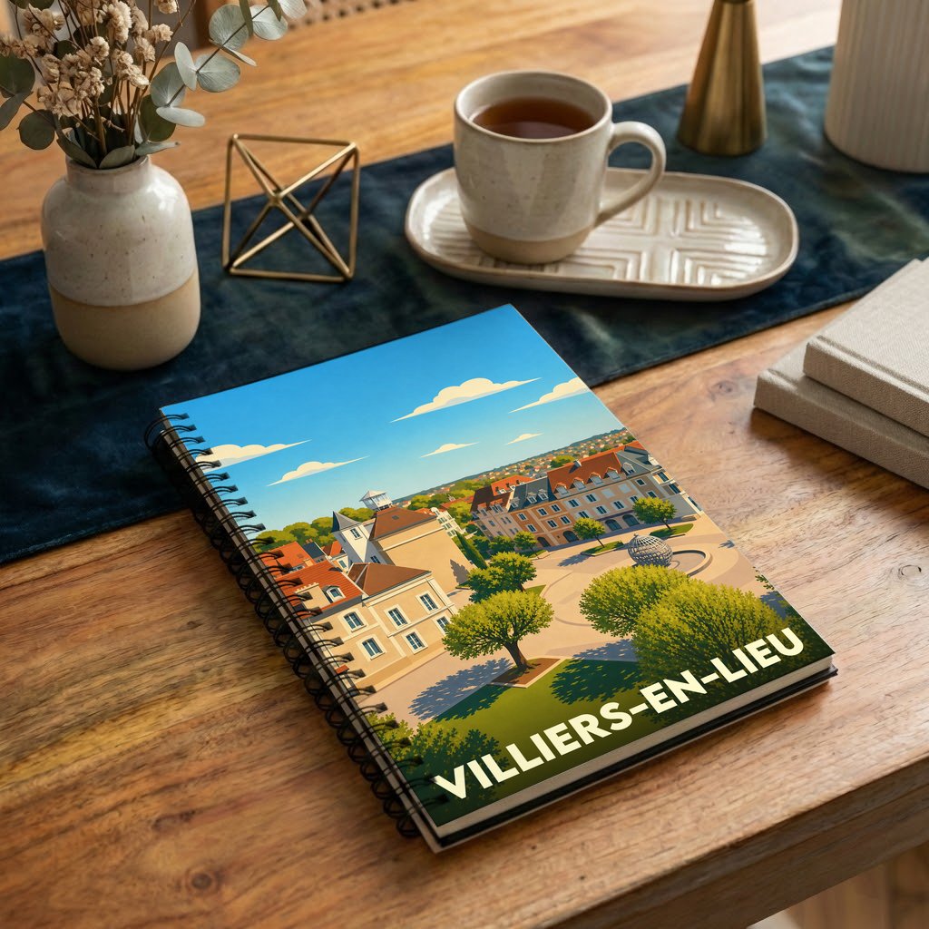 Carnet souvenir à spirale de la ville de Villiers-en-Lieu illustré d'un dessin coloré de sa place centrale.