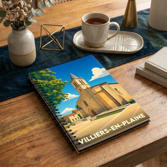 Carnet souvenir de la ville de Villiers-en-Plaine avec une illustration stylisée de son église.