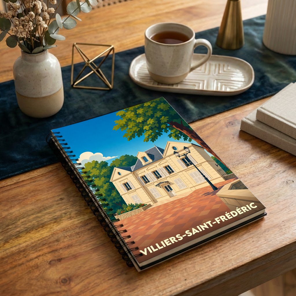 Carnet à spirales souvenir de la ville de Villiers-Saint-Frédéric avec une illustration stylisée d'une bâtisse historique.
