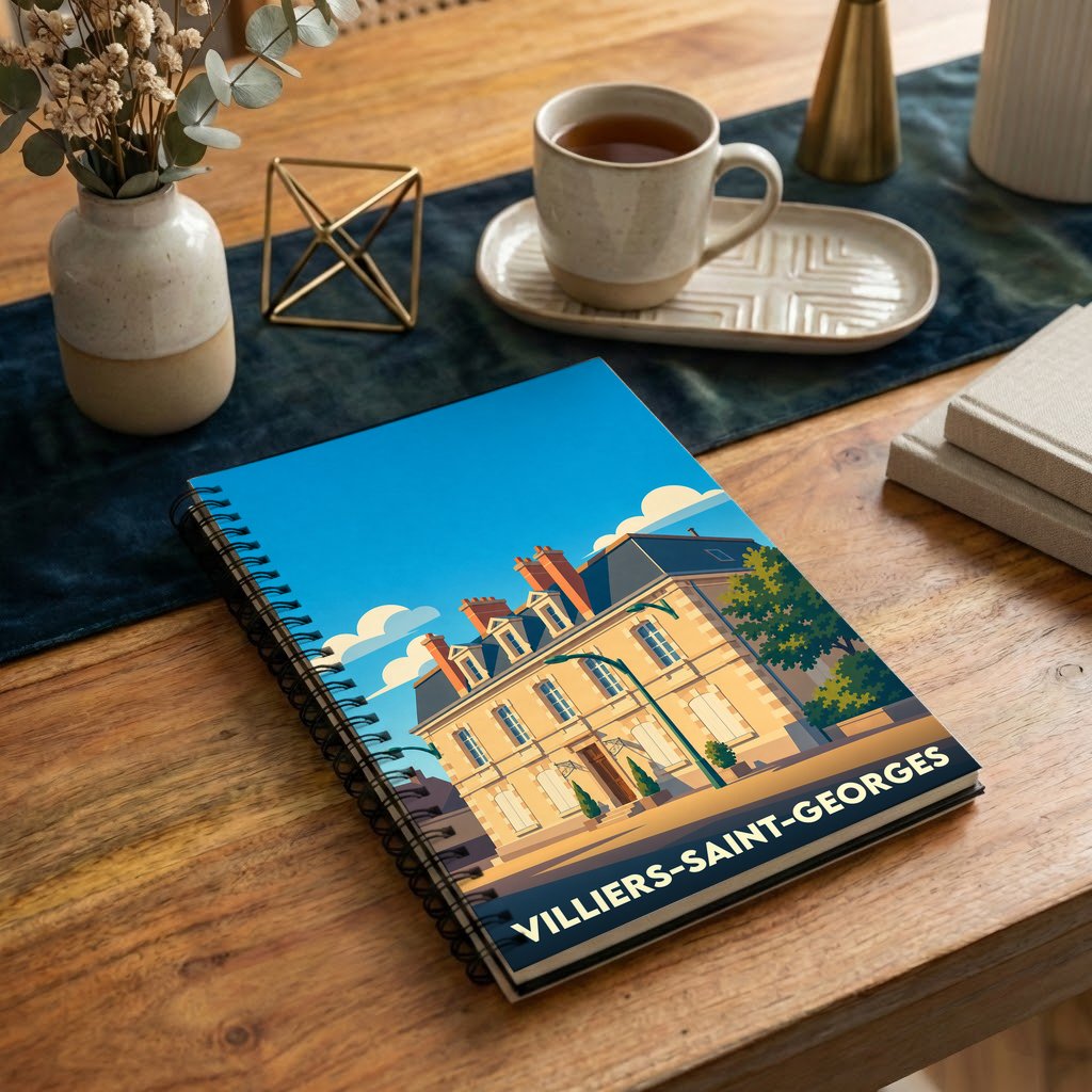 Carnet souvenir à spirales de la ville de Villiers-Saint-Georges avec une illustration stylisée de son patrimoine architectural.