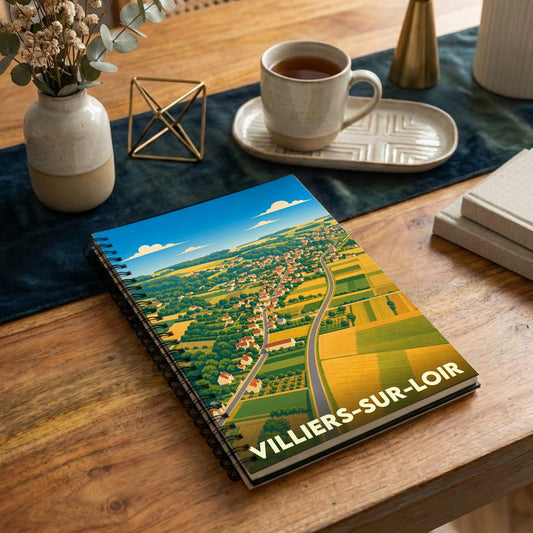 Carnet à spirale souvenir de Villiers-sur-Loir illustré d'une vue aérienne stylisée du village et de ses champs.