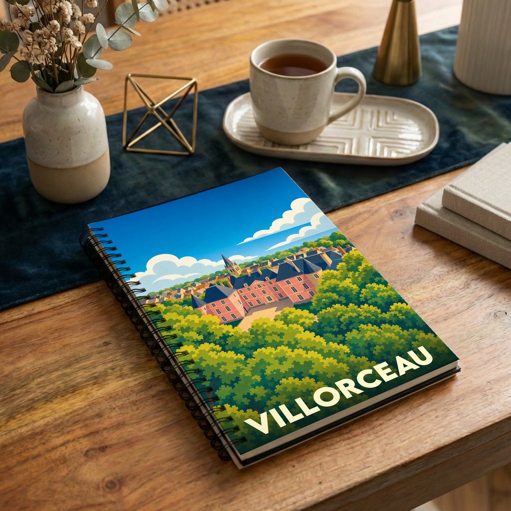 Carnet souvenir de la ville de Villorceau avec une illustration stylisée de son patrimoine entouré de verdure.