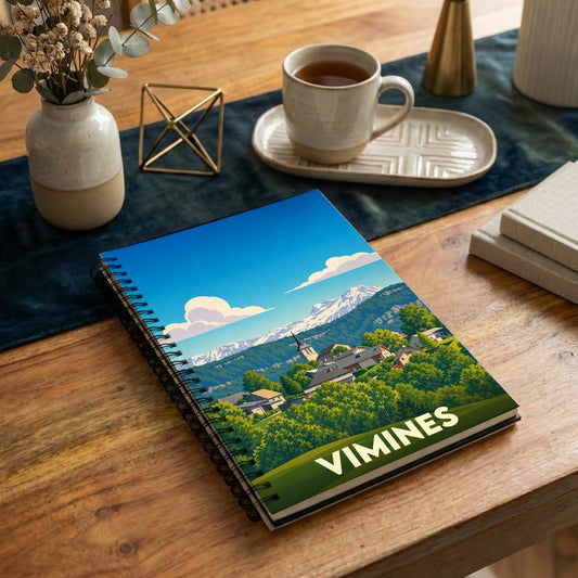 Carnet à spirales souvenir de la ville de Vimines avec une illustration de paysage montagneux.