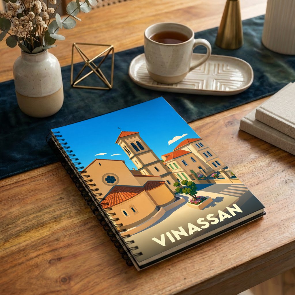 Carnet à spirales souvenir de la ville de Vinassan illustré d'un dessin stylisé de son église et de ses maisons ensoleillées.