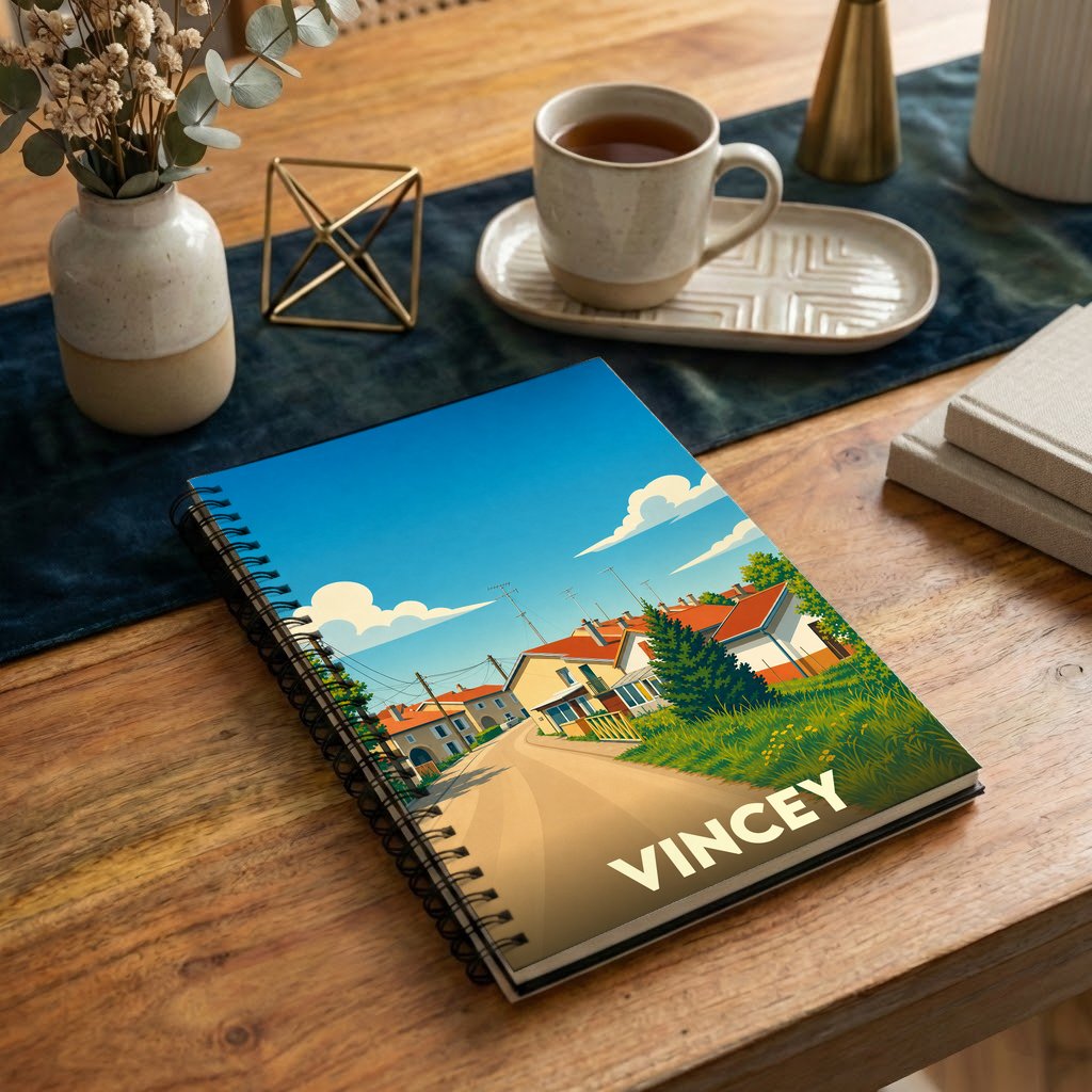 Carnet à spirales souvenir de la ville de Vincey avec une illustration stylisée.