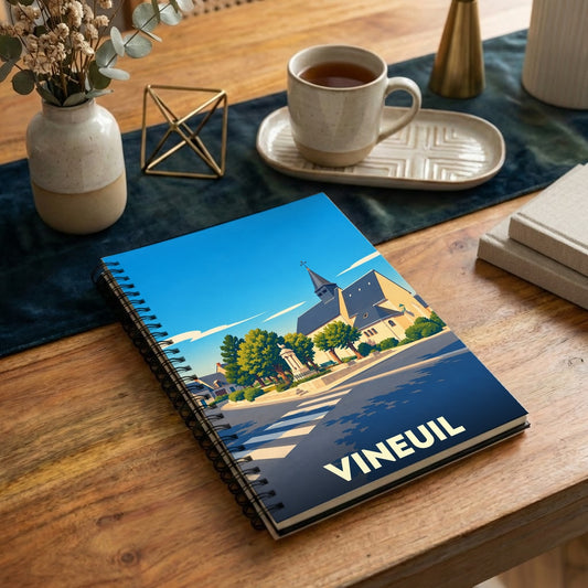 Carnet à spirales souvenir de la ville de Vineuil avec une illustration stylisée de son église.
