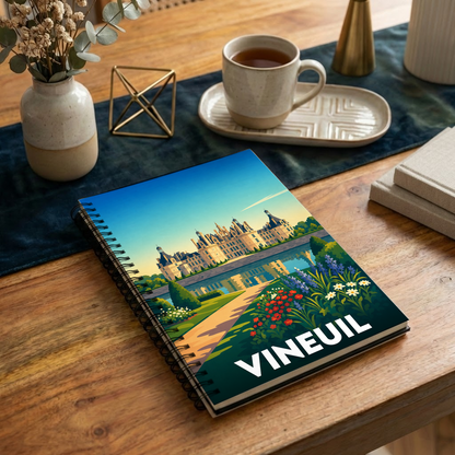 Carnet de notes souvenir de la ville de Vineuil avec une illustration stylisée d'un château en bord de Loire.