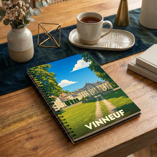 Carnet à spirales souvenir de la ville de Vinneuf avec une illustration stylisée de son château.