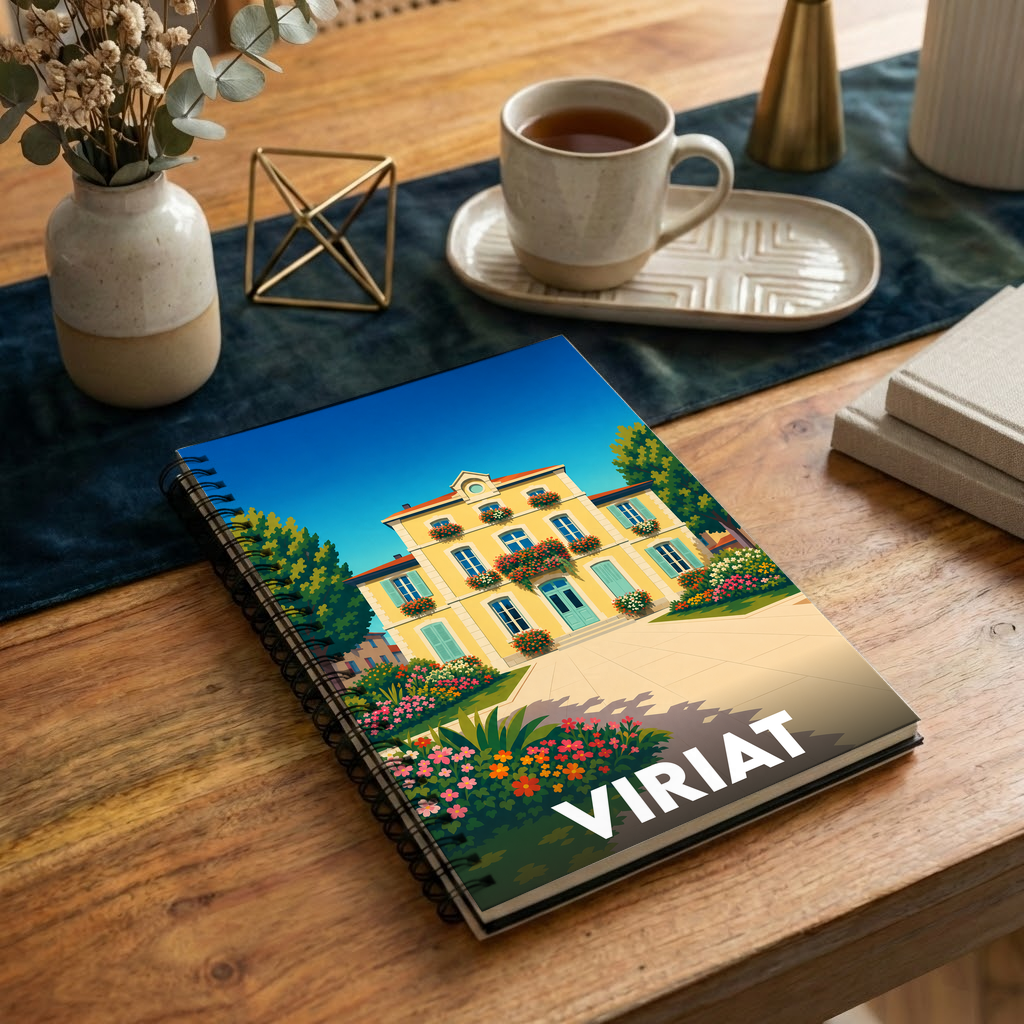Carnet souvenir de la ville de Viriat avec une illustration colorée et stylisée de sa mairie.