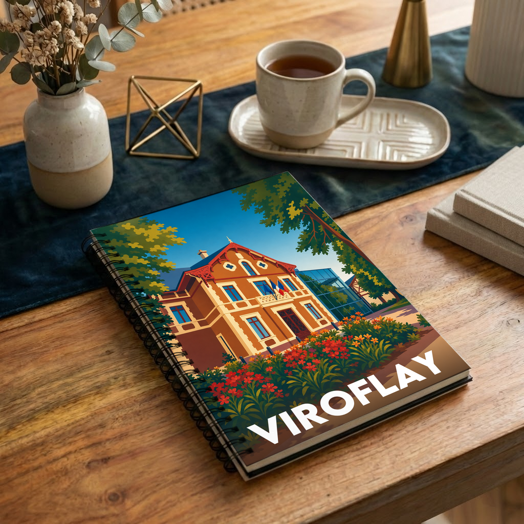 Carnet souvenir de la ville de Viroflay avec une illustration stylisée d'un bâtiment historique fleuri.