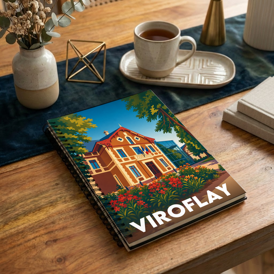 Carnet souvenir de la ville de Viroflay avec une illustration stylisée d'un bâtiment historique fleuri.