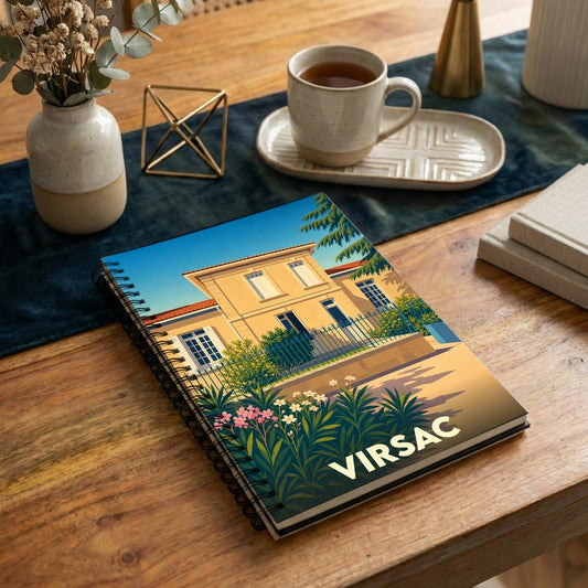 Carnet à spirales souvenir de la ville de Virsac avec une illustration stylisée d'une maison ensoleillée.