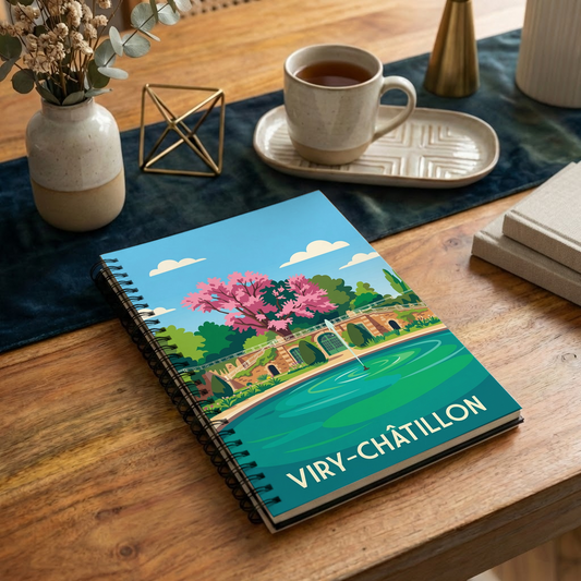 Carnet souvenir de la ville de Viry-Châtillon avec une illustration stylisée d’un parc avec fontaine.