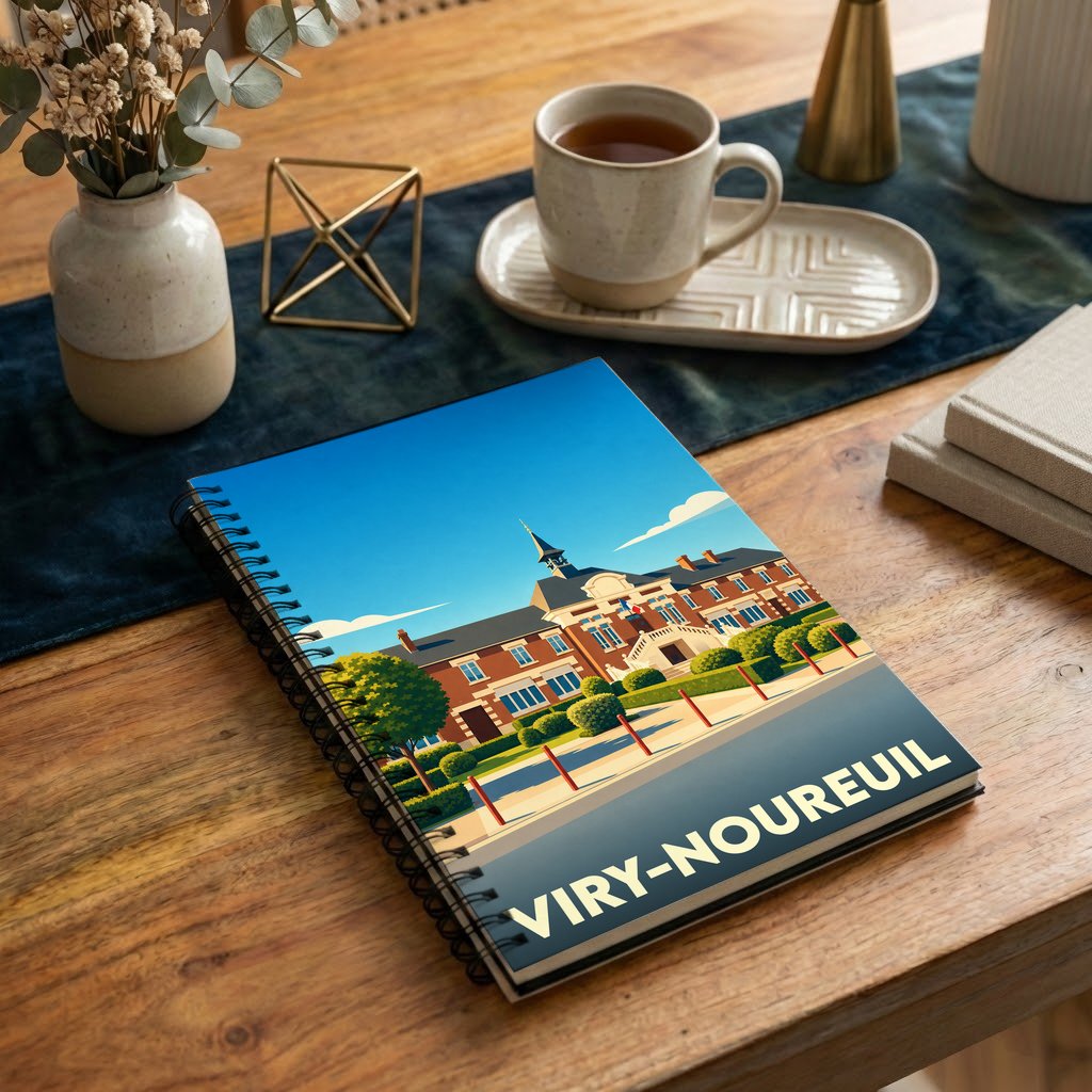 Carnet à spirales souvenir de la ville de Viry-Noureuil avec une illustration stylisée de son hôtel de ville.