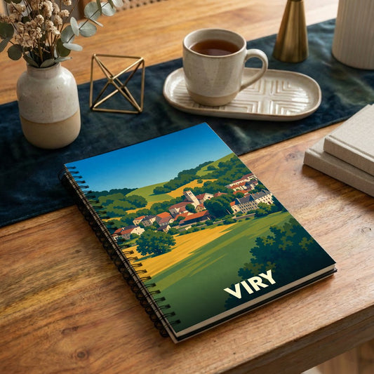 Carnet souvenir de la ville de Viry avec une illustration stylisée de son paysage vallonné.