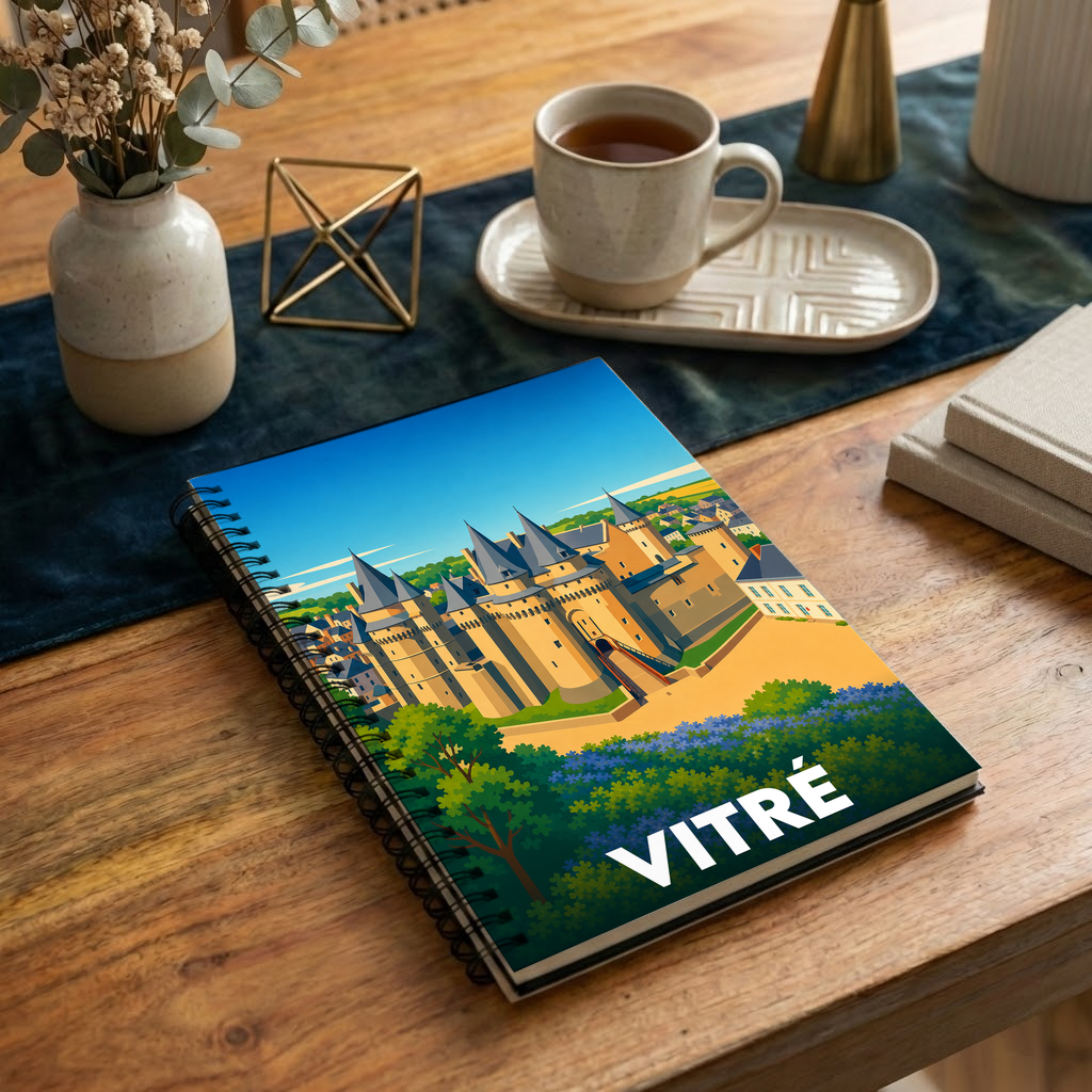 Carnet souvenir de la ville de Vitré avec une illustration stylisée de son château.