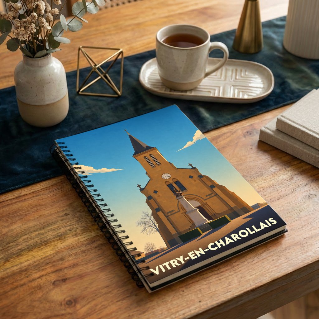 Carnet de notes souvenir de la ville de Vitry-en-Charollais avec une illustration stylisée de son église.