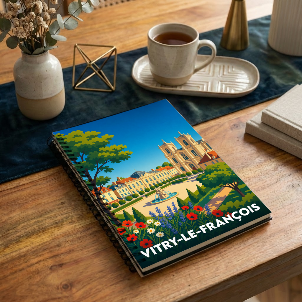 Carnet souvenir de la ville de Vitry-le-François avec une illustration colorée et stylisée de son patrimoine.
