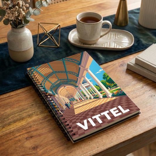 Carnet souvenir de la ville de Vittel avec une illustration stylisée.