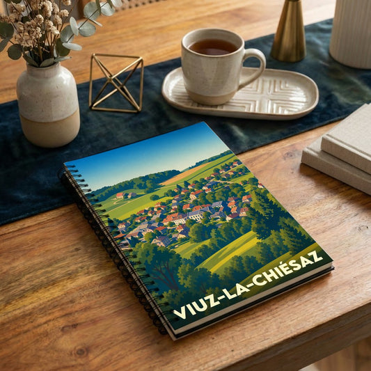 Carnet à spirales souvenir de la ville de Viuz-la-Chiésaz avec une illustration stylisée.