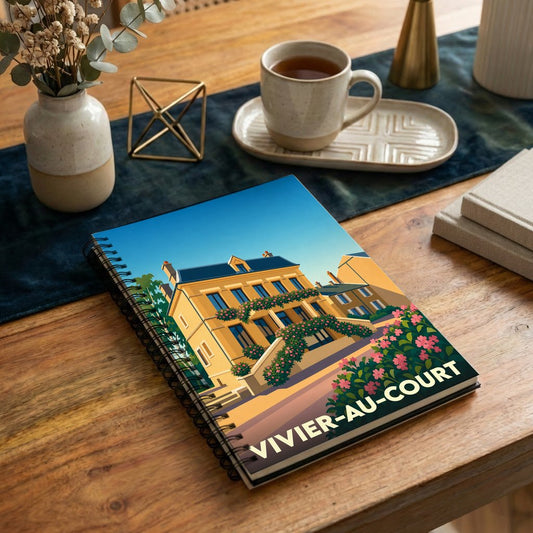 Carnet à spirales souvenir de la ville de Vivier-au-Court avec une illustration stylisée d'une maison fleurie.
