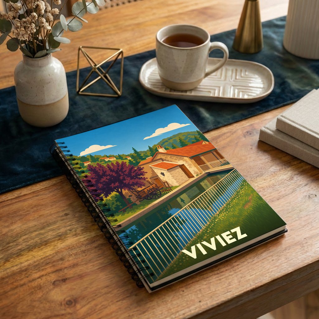 Carnet souvenir de la ville de Viviez avec une illustration stylisée d'un paysage rural.