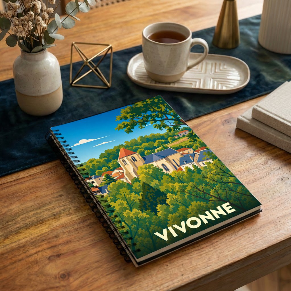 Carnet à spirale souvenir de la ville de Vivonne avec une illustration stylisée de son église et de sa forêt.