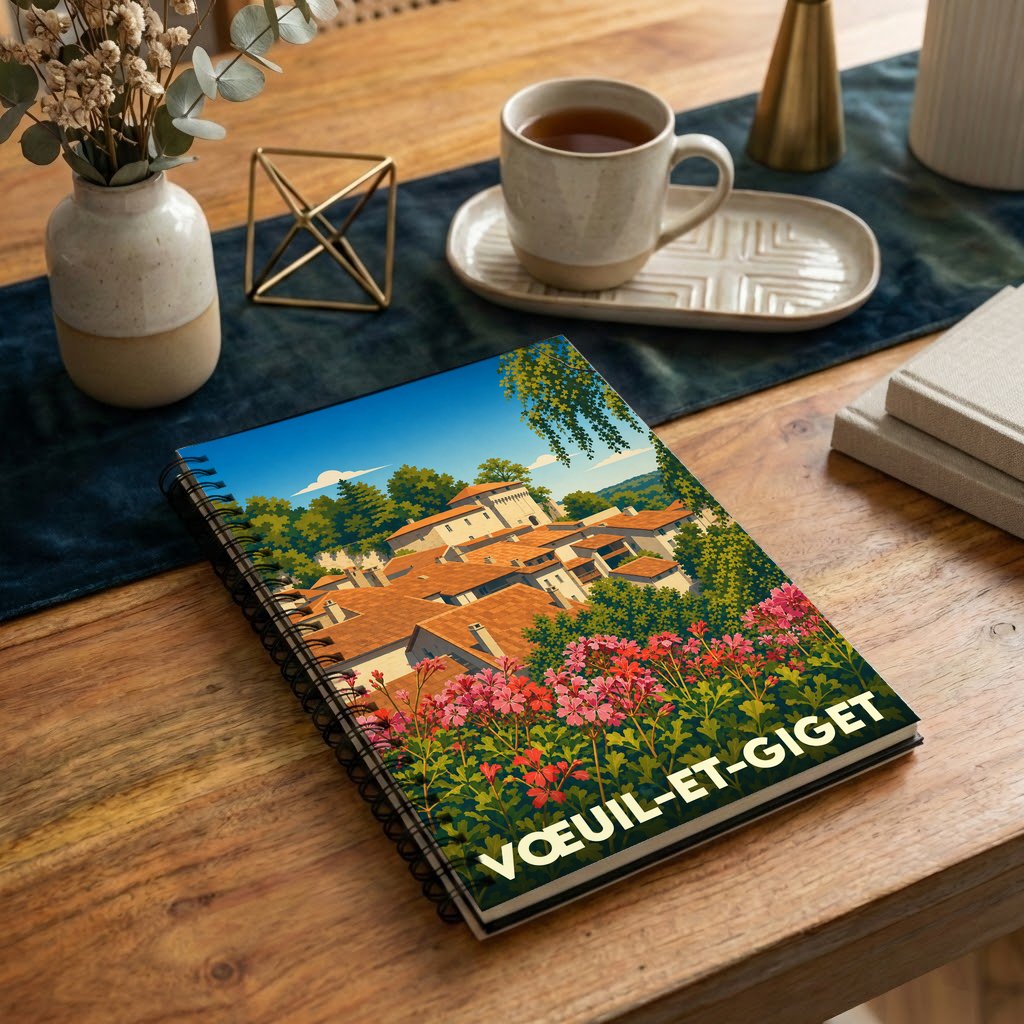 Carnet souvenir de la ville de Vœuil-et-Giget avec une illustration stylisée.