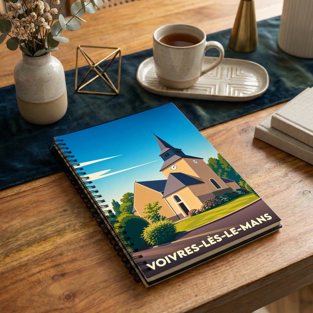 Carnet à spirales souvenir de Voivres-lès-le-Mans avec une illustration stylisée de son église.