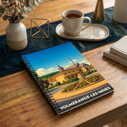 Carnet à spirales souvenir de la ville de Volmerange-les-Mines avec une illustration stylisée.