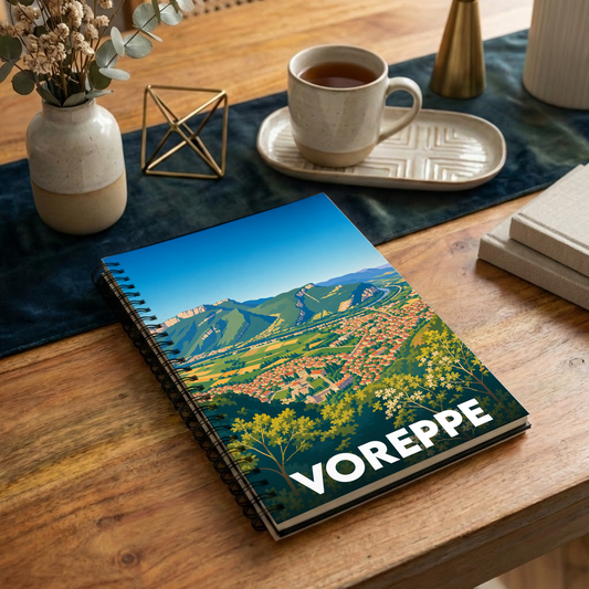 Carnet à spirales souvenir de la ville de Voreppe avec une illustration panoramique stylisée.