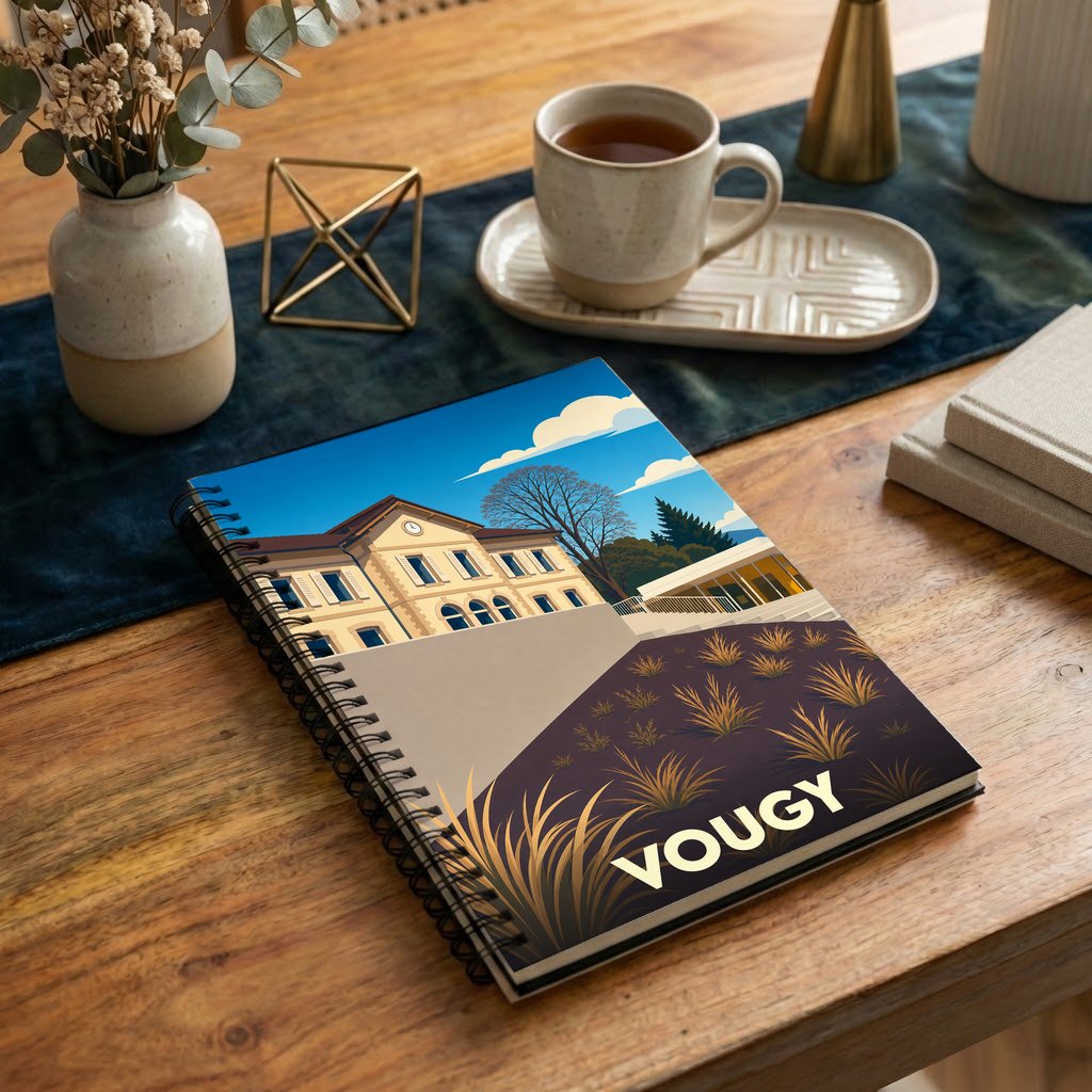 Carnet souvenir de la ville de Vougy avec une illustration stylisée d'un bâtiment historique sous un ciel bleu.