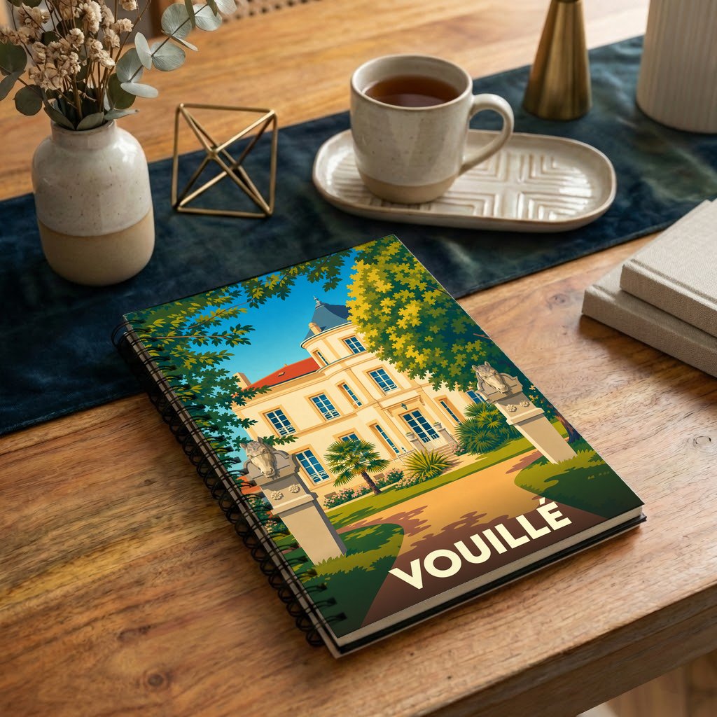 Carnet à spirales souvenir de la ville de Vouillé orné d'une illustration stylisée de son château.