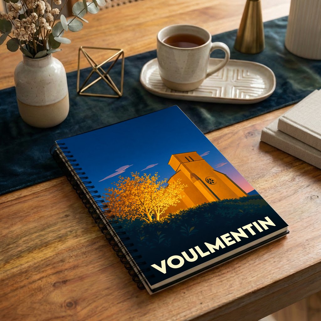 Carnet à spirales souvenir de la ville de Voulmentin avec une illustration stylisée d'un paysage urbain au crépuscule.