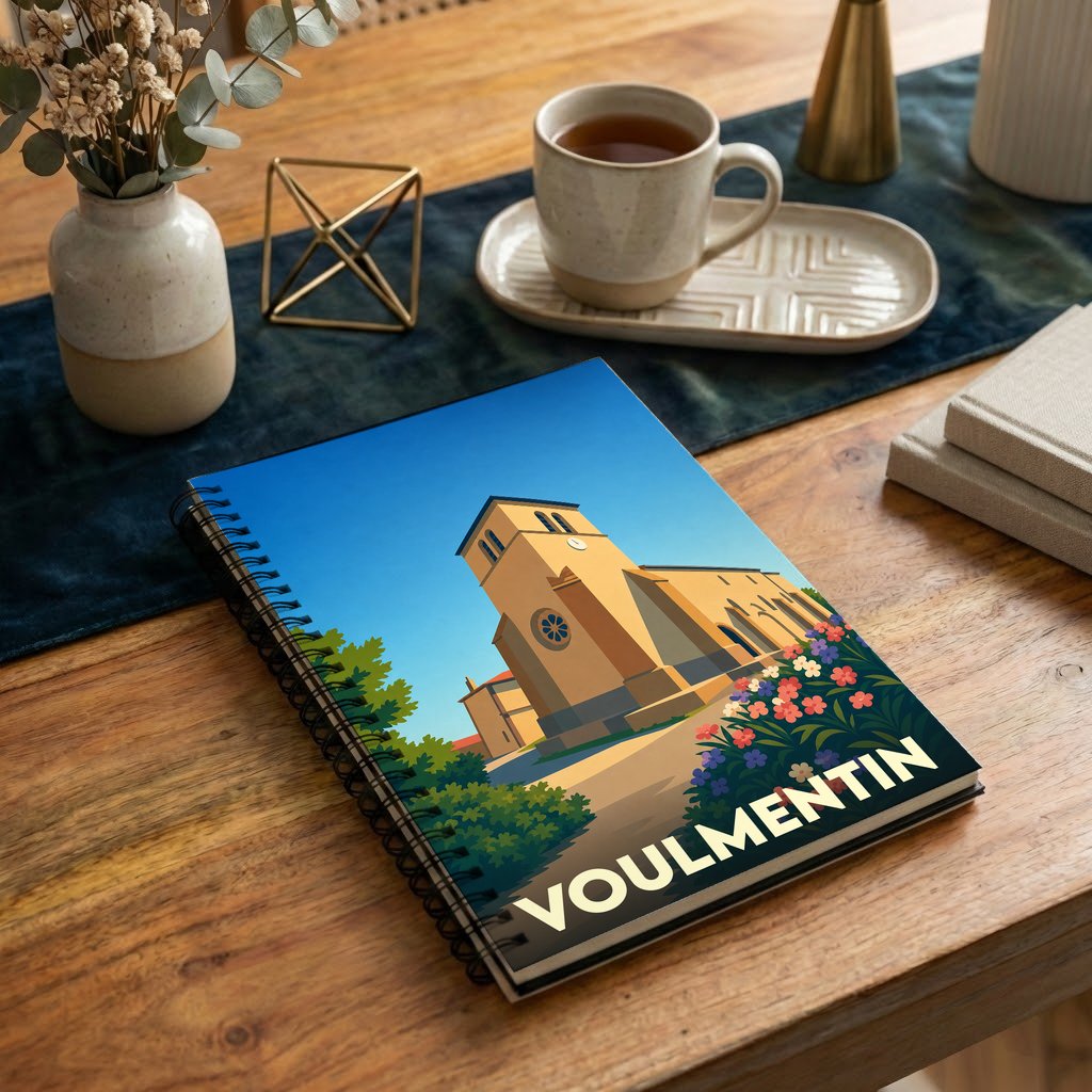 Carnet à spirales souvenir de la ville de Voulmentin avec une illustration stylisée de son église.