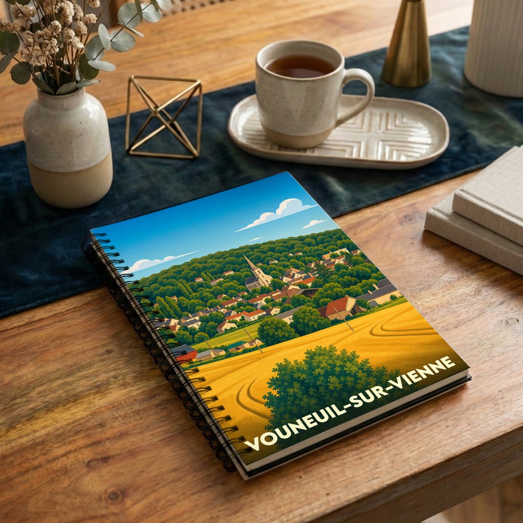 Carnet de notes à spirales souvenir de la ville de Vouneuil-sur-Vienne avec une illustration stylisée de son paysage rural.
