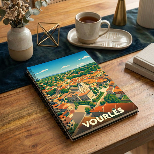 Carnet de notes à spirales souvenir de la ville de Vourles avec une illustration colorée et stylisée de ses toits.