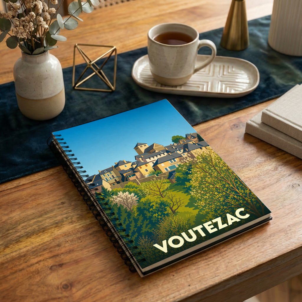 Carnet à spirales souvenir de la ville de Voutezac avec une illustration stylisée de ses maisons et paysages.
