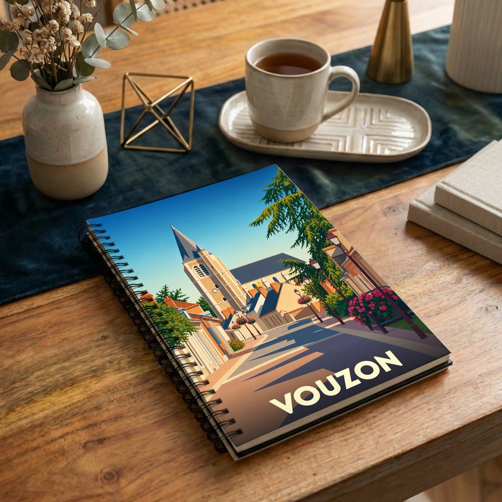 Carnet à spirales souvenir de la ville de Vouzon orné d'une illustration stylisée de son église et de ses rues.