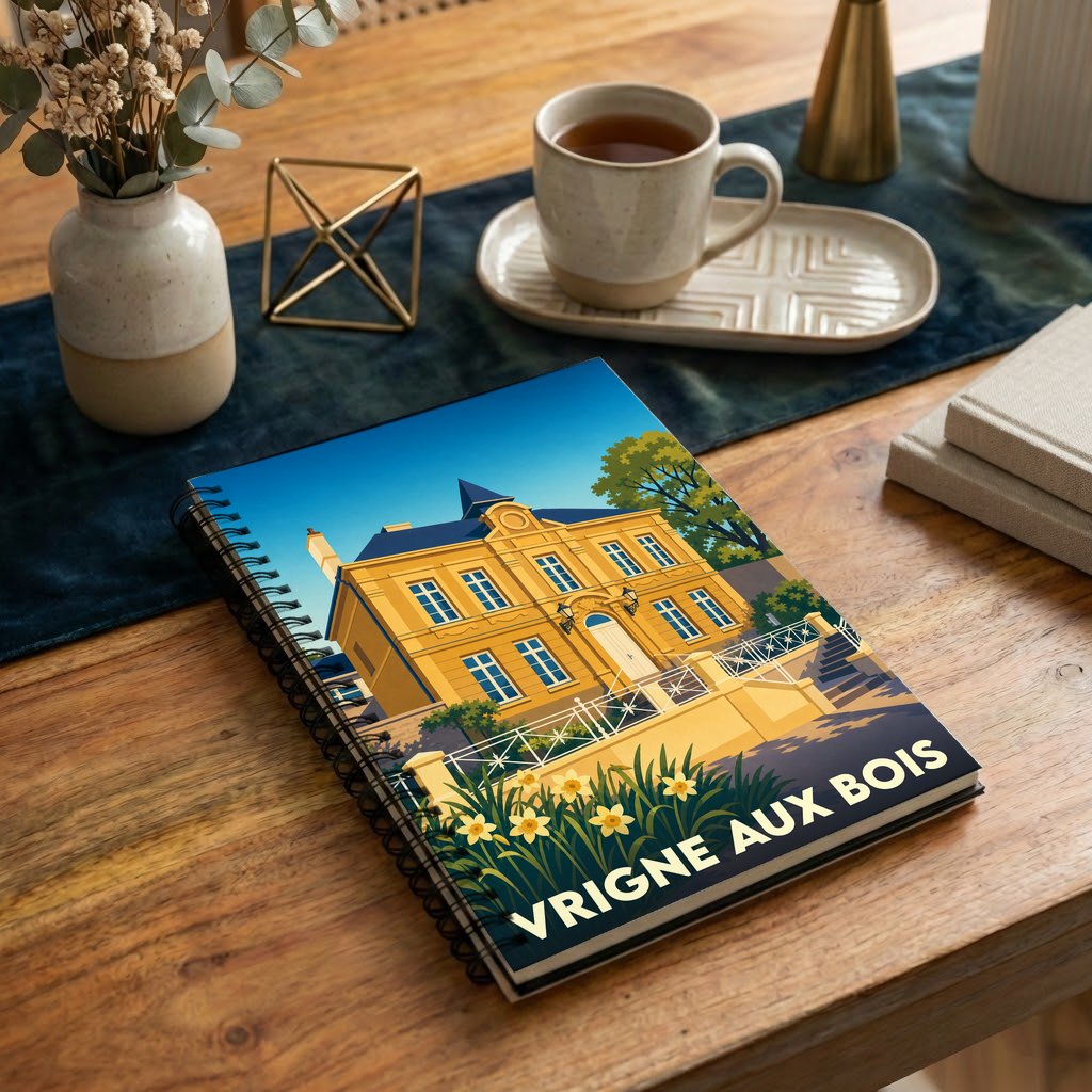 Carnet à spirales souvenir de la ville de Vrigne aux Bois avec une illustration stylisée d'une maison de maître.