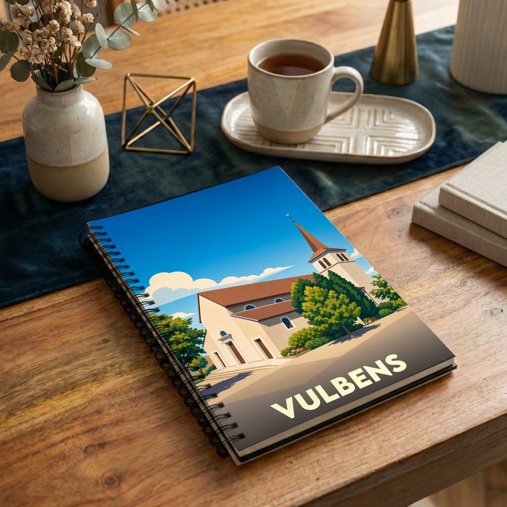 Carnet souvenir de la ville de Vulbens avec une illustration stylisée de son église sous un ciel bleu.