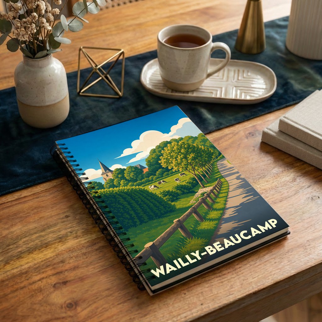 Carnet à spirales souvenir de la ville de Wailly-Beaucamp avec une illustration de paysage rural stylisée.