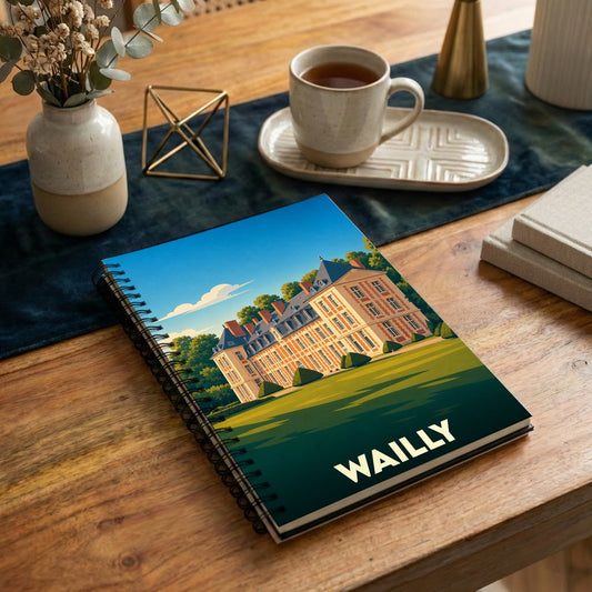 Carnet de notes souvenir de la ville de Wailly avec une illustration stylisée de son château.