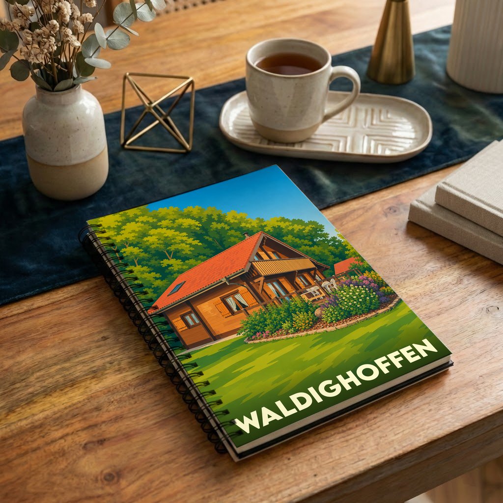 Carnet souvenir de la ville de Waldighoffen avec une illustration colorée d'un chalet alsacien.