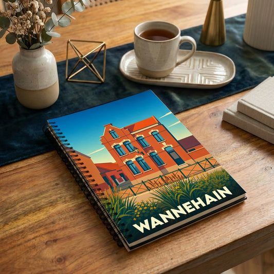 Carnet souvenir de la ville de Wannehain avec une illustration stylisée d'un bâtiment typique en briques.