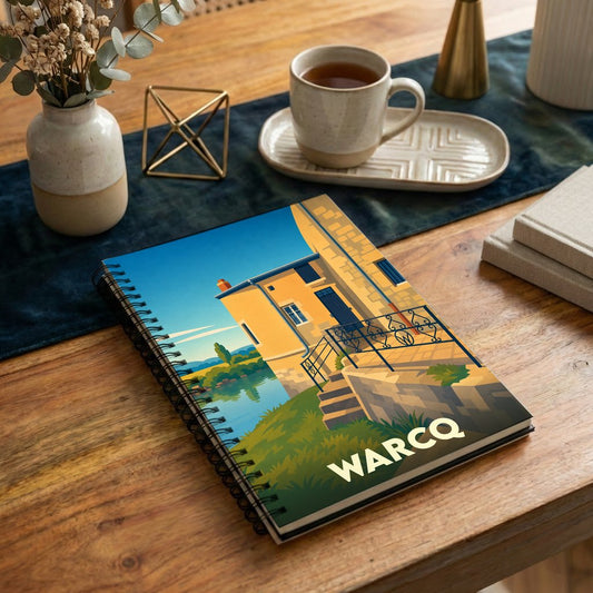Carnet à spirale souvenir de la ville de Warcq avec une illustration stylisée d'un bâtiment en bord de rivière.