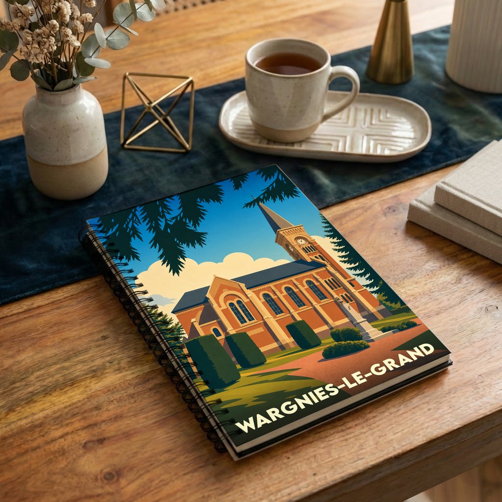 Carnet à spirales souvenir de la ville de Wargnies-le-Grand avec une illustration stylisée de son église.