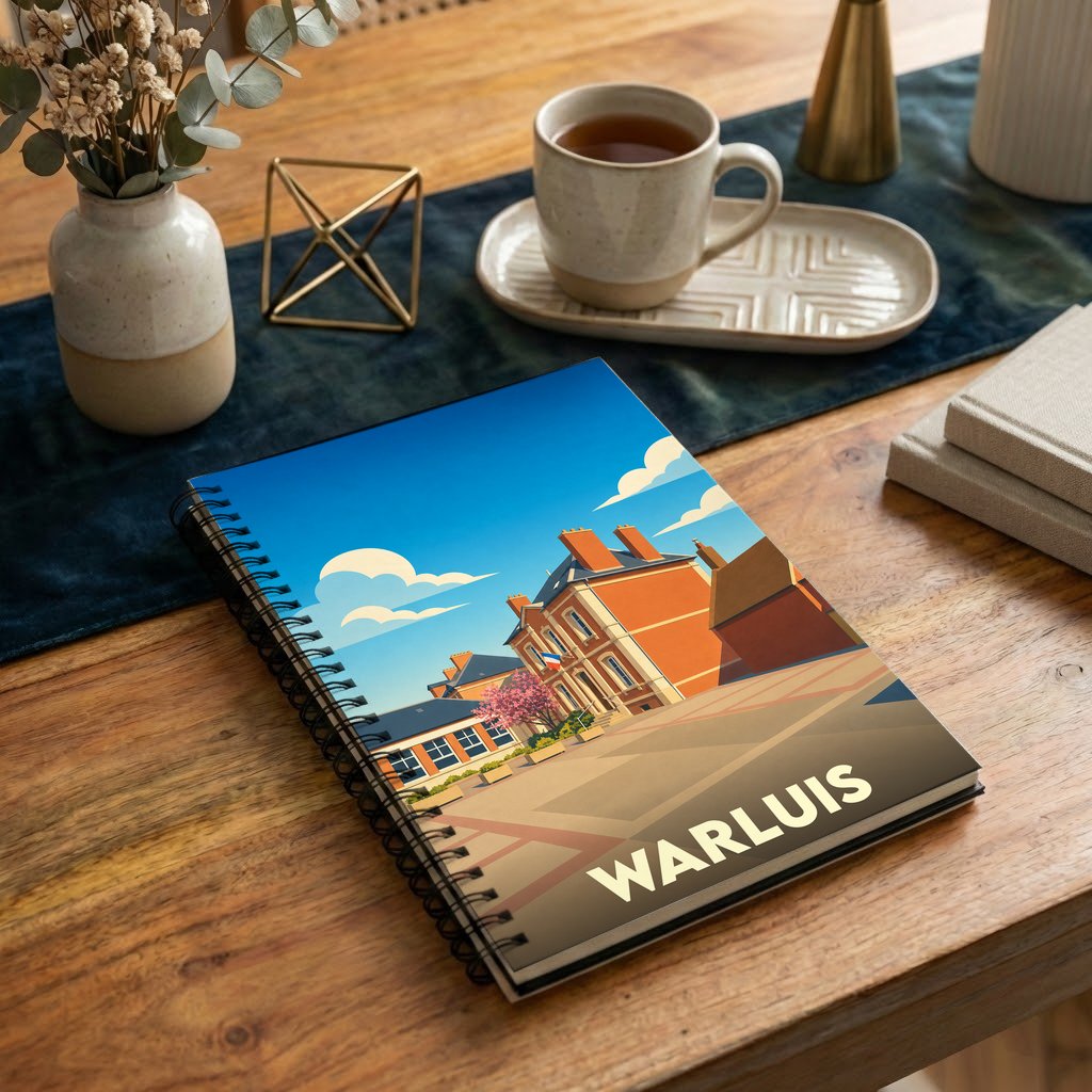Carnet à spirales souvenir de la ville de Warluis avec une illustration stylisée d'un bâtiment communal.