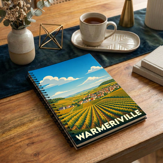 Carnet à spirales souvenir de la ville de Warmeriville avec une illustration stylisée de paysages agricoles.